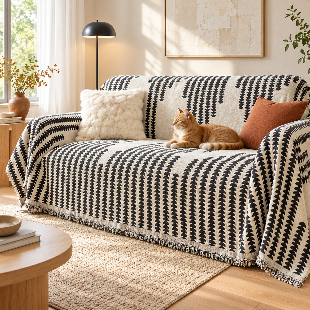 Black and ivory reversible chenille sofa throw cover