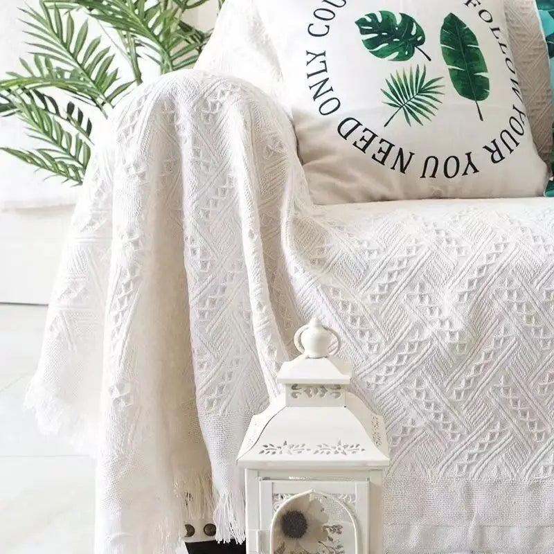 White Grid Washable Cotton-Blend Sofa Throw