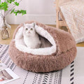 Machine Washable Round Hooded Cat Bed with Fluffy Blanket & Non-Slip Base – Brown