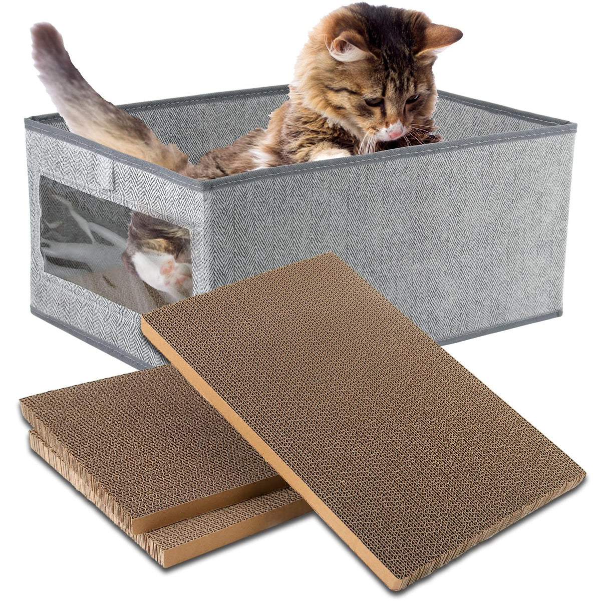 Kichwit Reversible Cardboard Cat Scratching Pads with Fabric Box – 3 Pack
