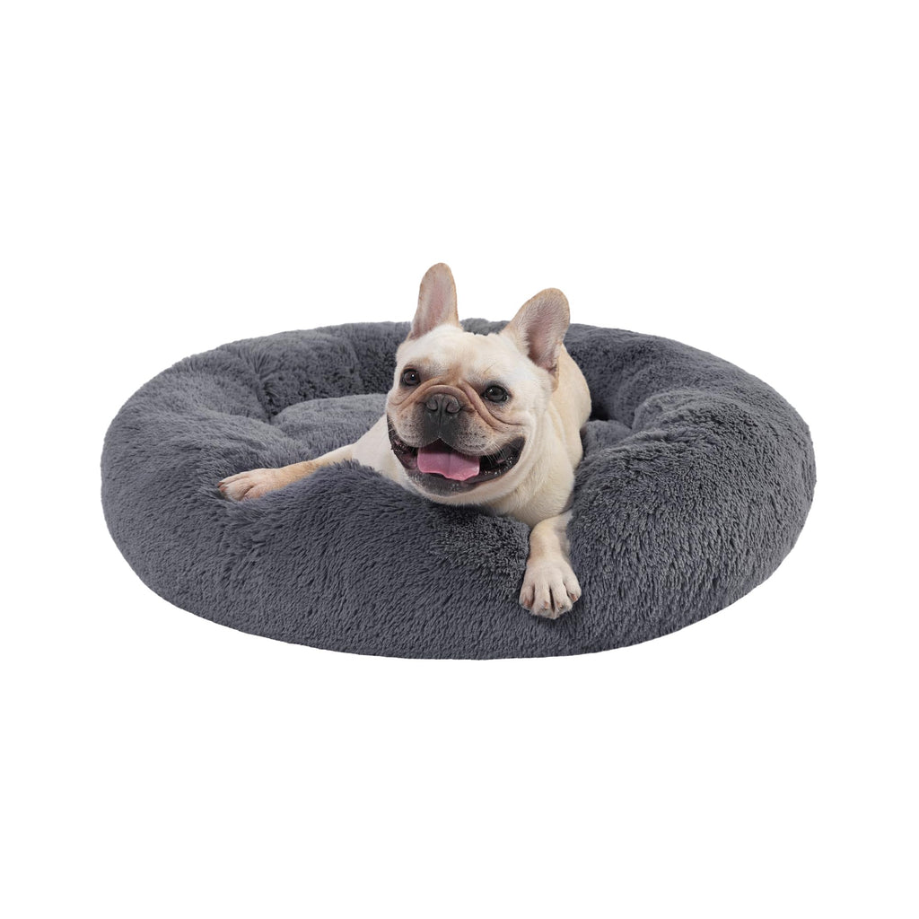 PuppyPalace 30-Inch Fluffy Faux Fur Donut Dog Bed with Removable Washable Cover – Dark Grey, Medium