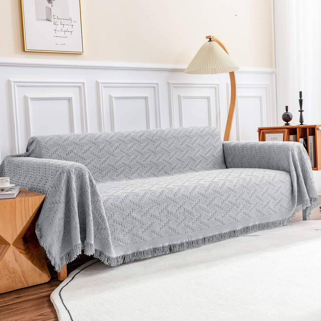 Deep Dream Geometric Jacquard Sofa Throw Cover – Light Grey, 91 × 134 in