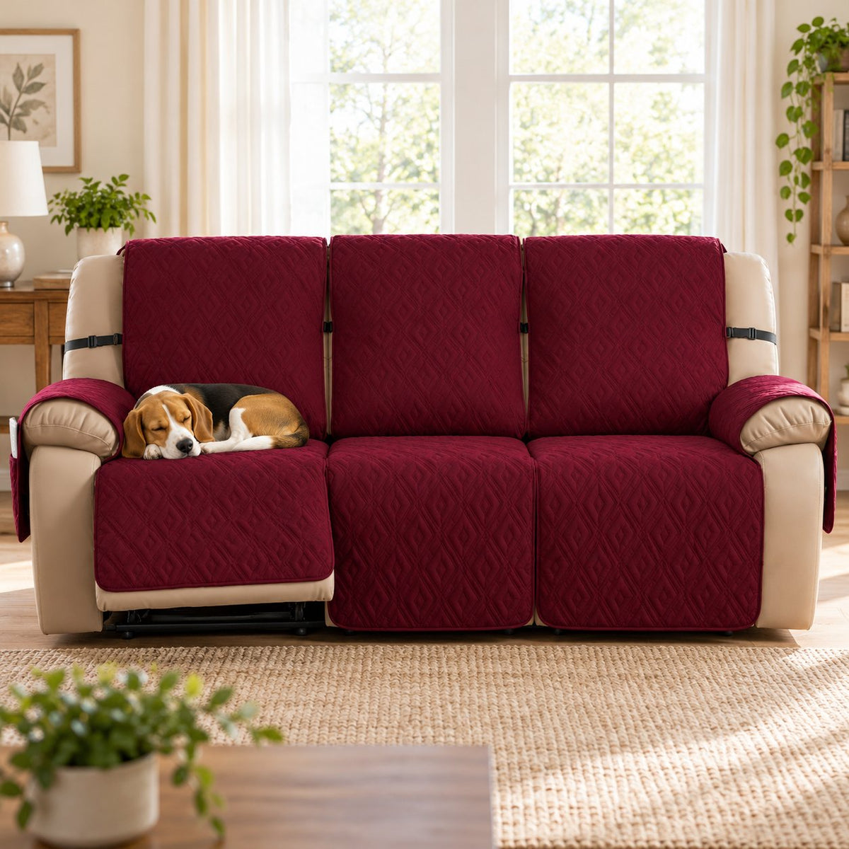 Genina Waterproof Pet Recliner Sofa Cover – Wine Red, 3 Seats — home and care view