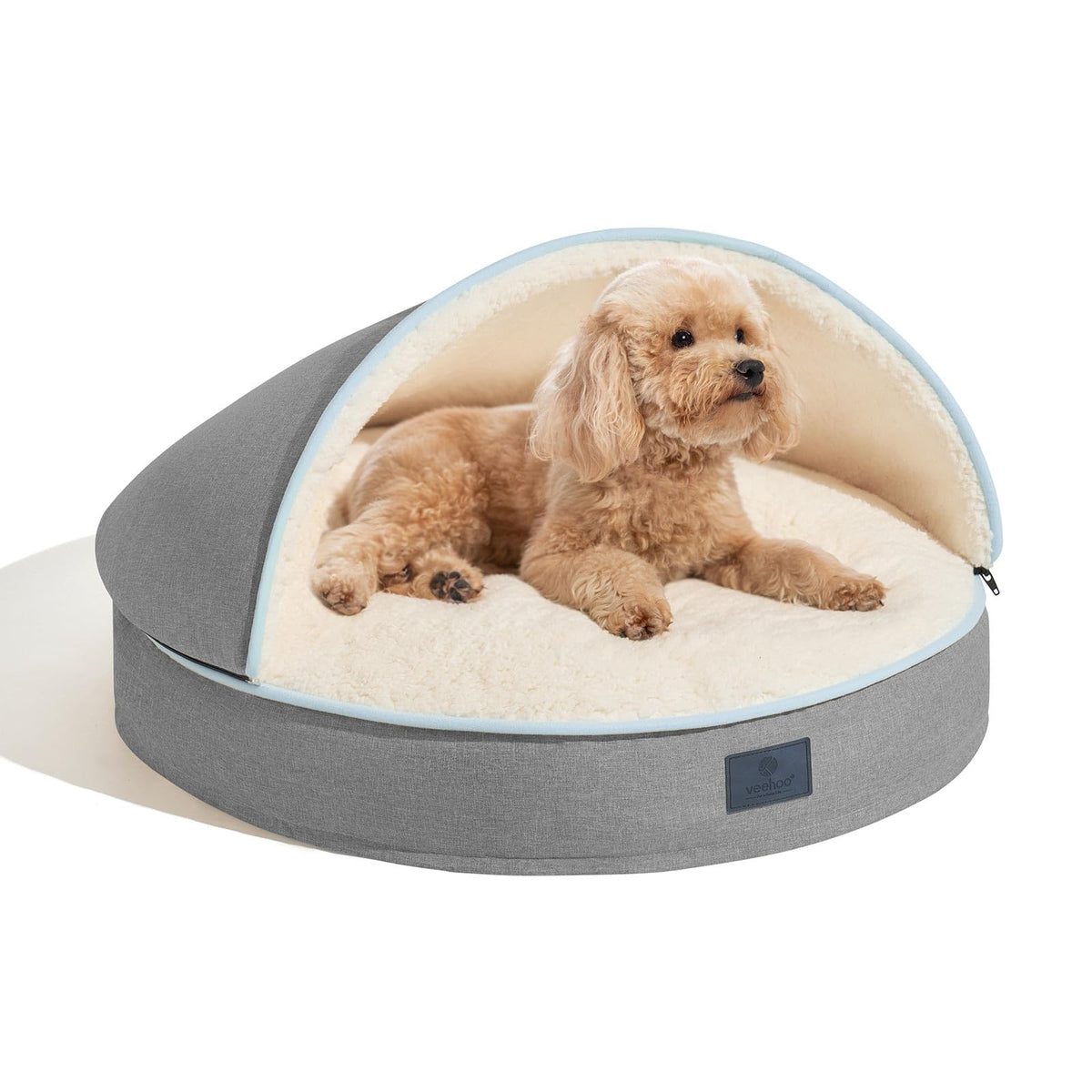 Veehoo 20-Inch Round Dog & Cat Cave Bed with Removable Hood & Washable Cover – Gray