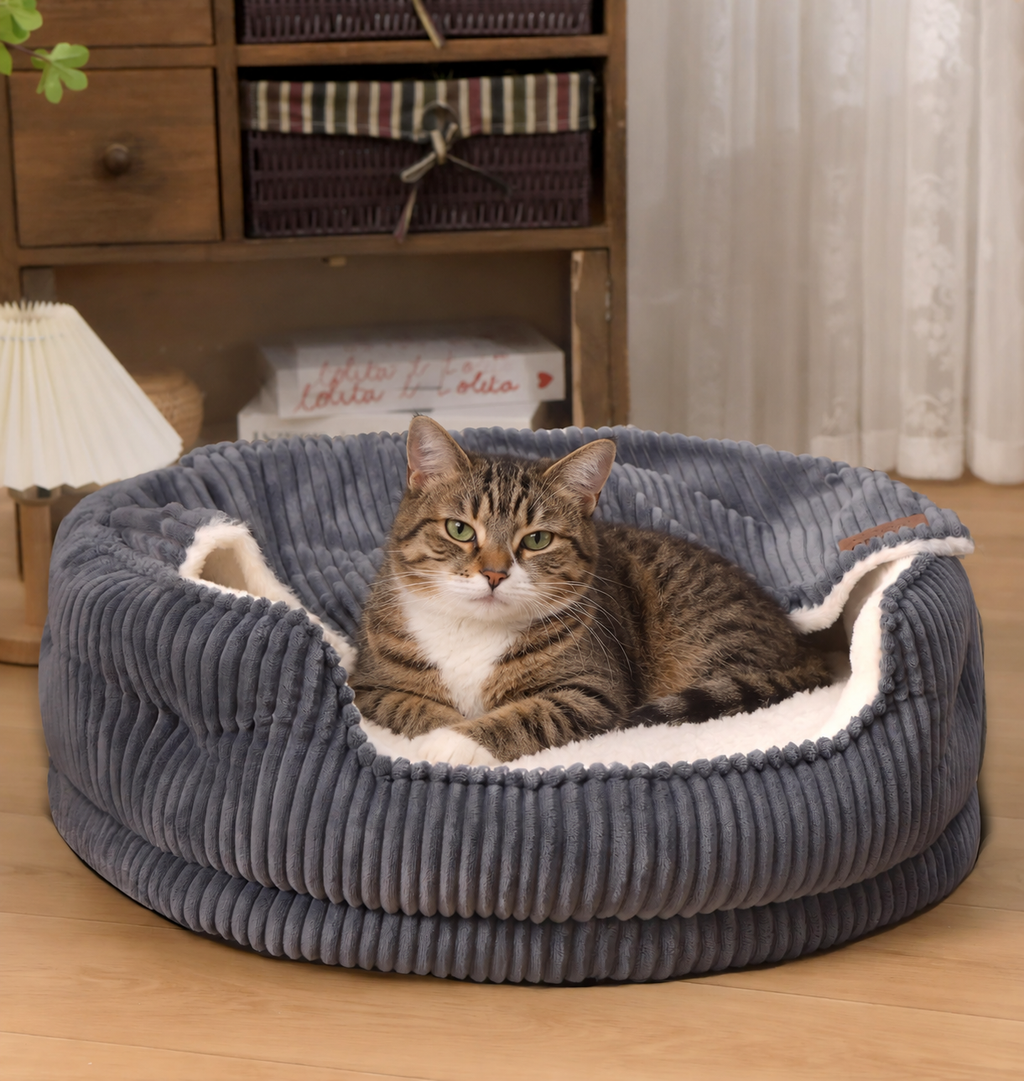Cat Bed with Hooded Blanket and Removable Washable Cushion & Non-Slip Base – Dark Grey