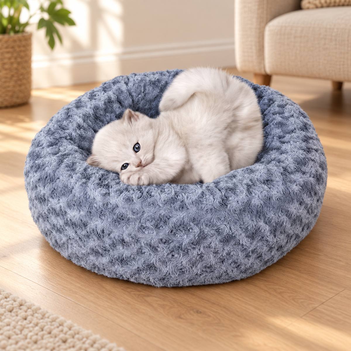 Washable Plush Donut Bed with Non-Slip Base for Cats