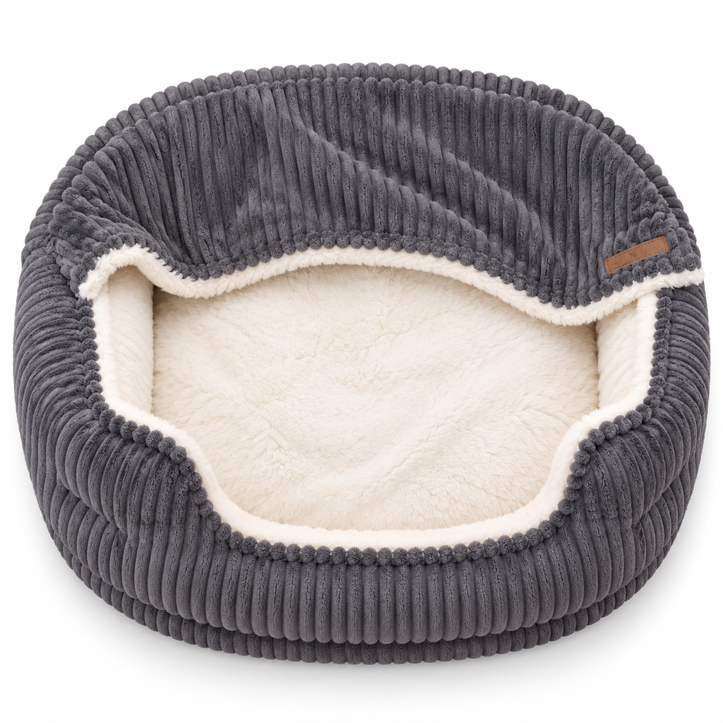 Cat Bed with Hooded Blanket and Removable Washable Cushion & Non-Slip Base – Dark Grey
