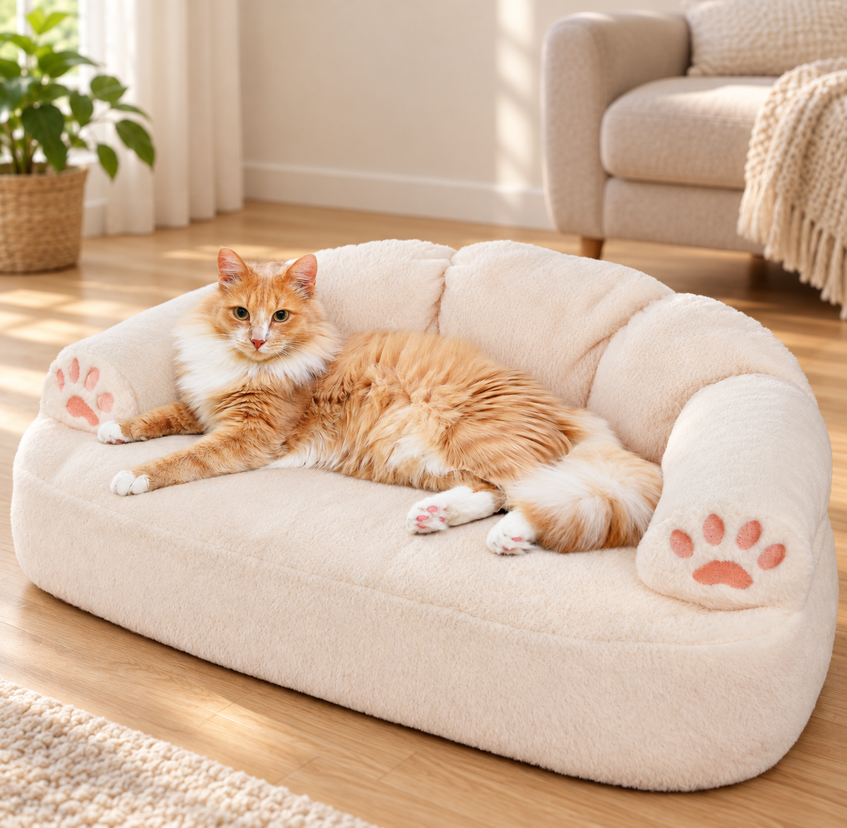 Washable Cat Sofa Bed with Scratching Armrest, Water-Resistant Lining & Non-Slip Base