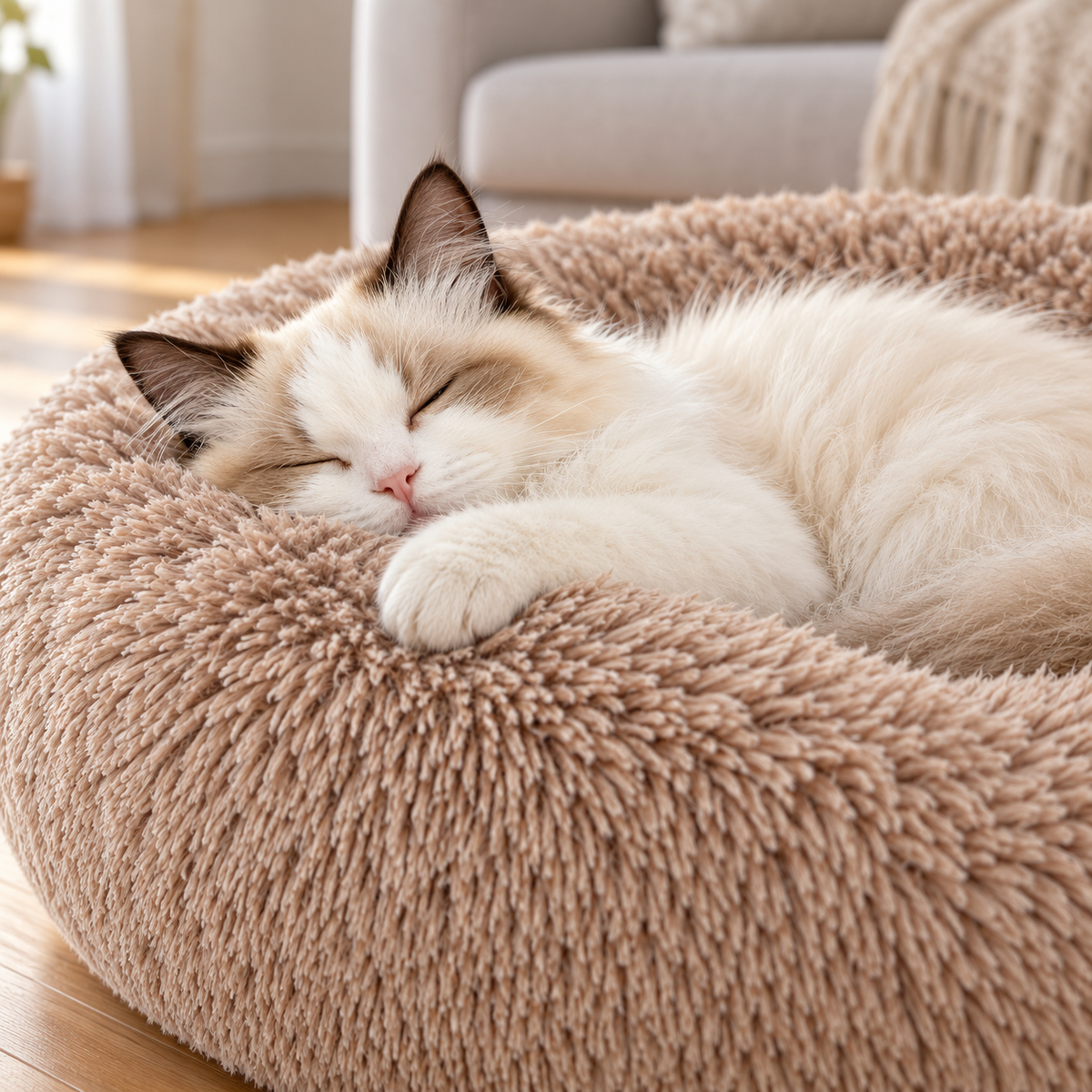 Washable Round Faux Fur Cat Bed with Non-Slip Base – Camel