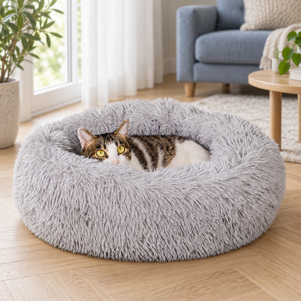 Washable Round Cat Bed with Fluffy Faux Fur for Indoor Cats