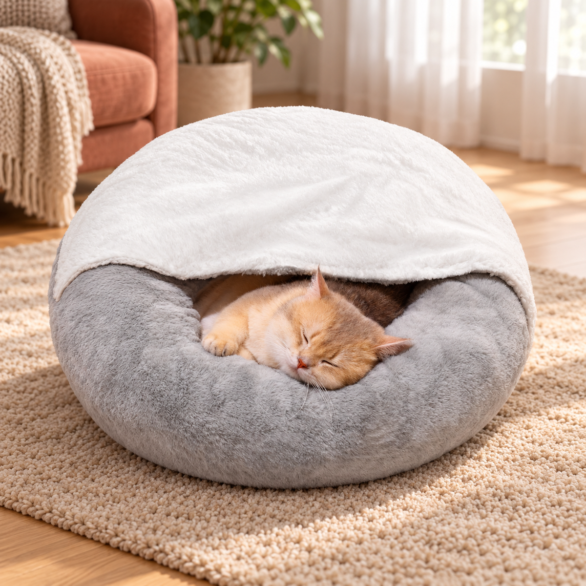 Washable Round Cat Bed with Hooded Blanket & Non-Slip Base – Grey