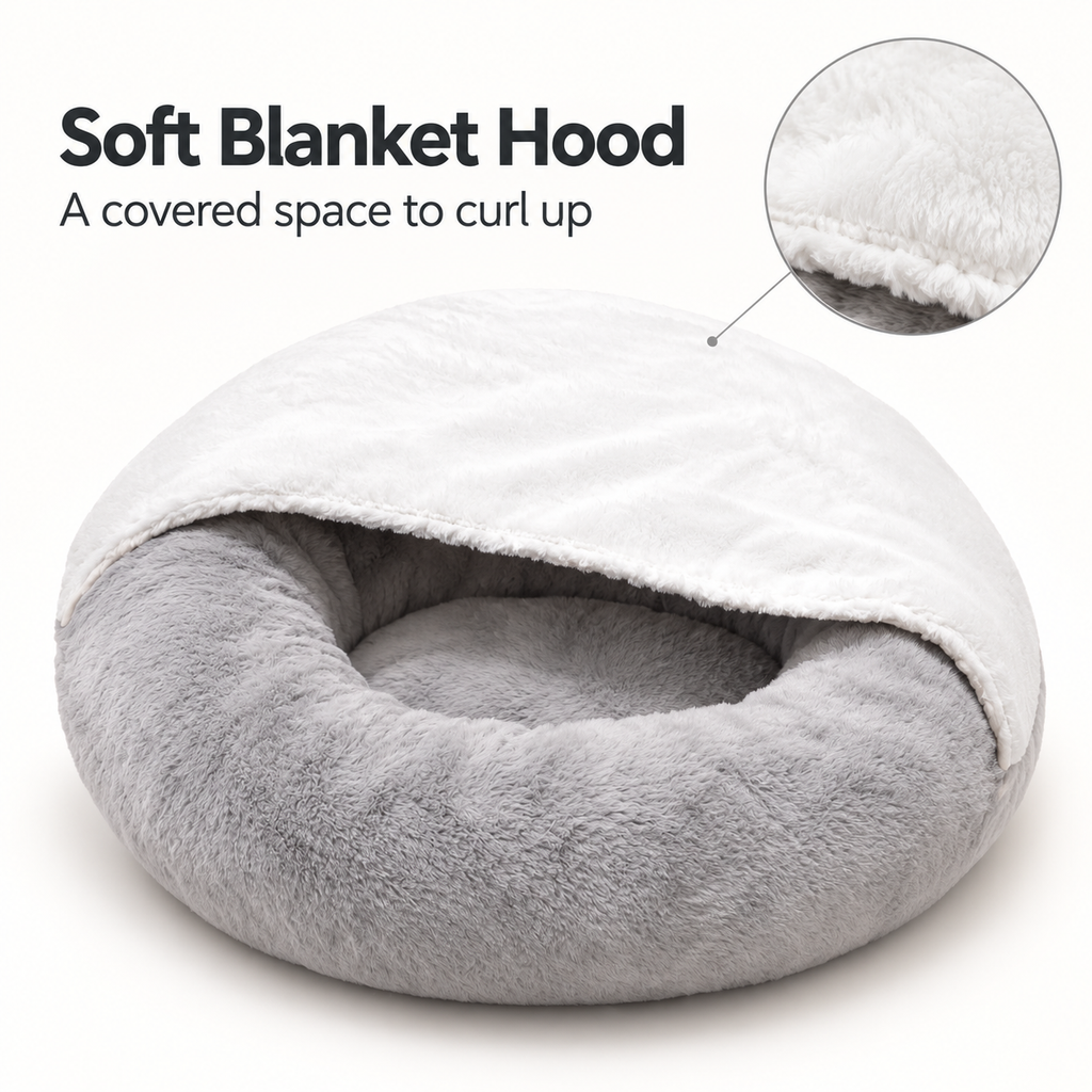 Washable Round Cat Bed with Hooded Blanket & Non-Slip Base – Grey