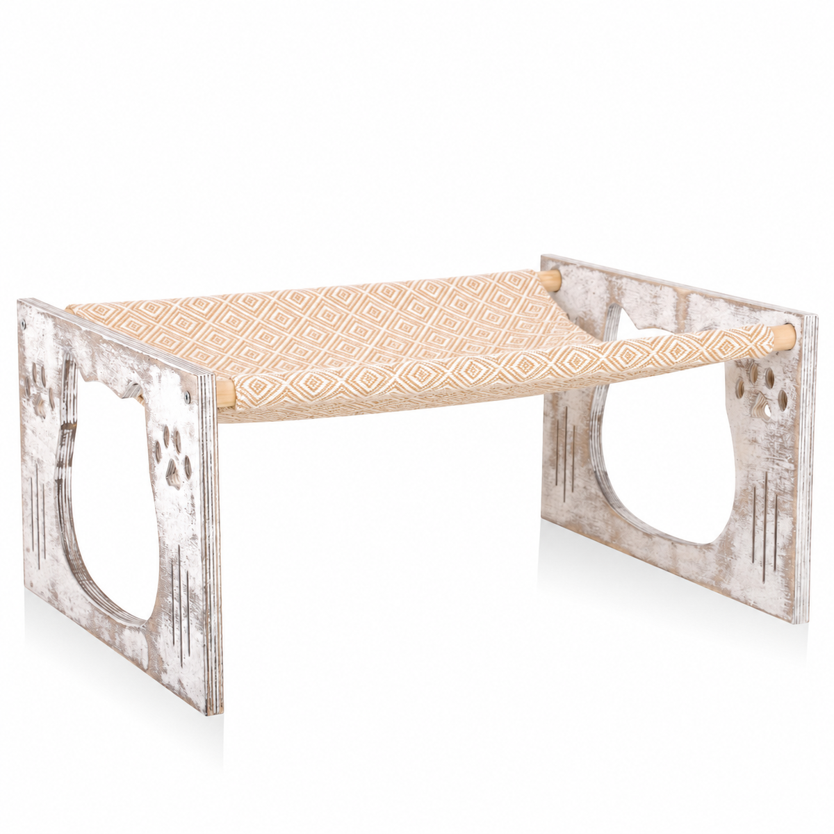 Freestanding Wooden Swinging Cat Hammock with Washable Breathable Fabric – Rustic White & Diamond Pattern