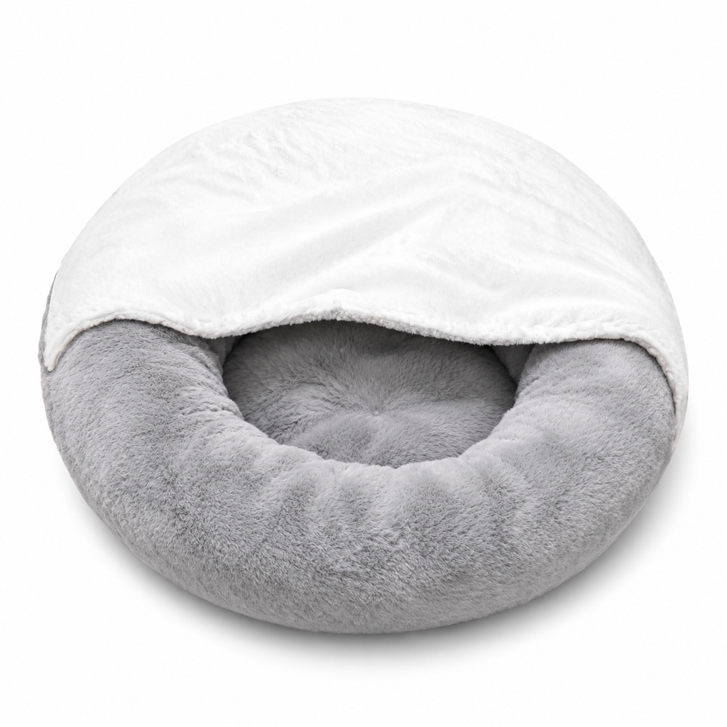 Washable Round Cat Bed with Hooded Blanket & Non-Slip Base – Grey