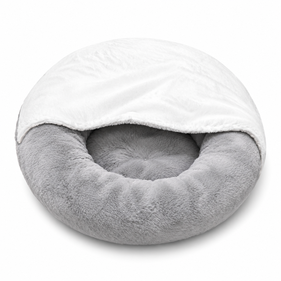 Washable Round Cat Bed with Hooded Blanket & Non-Slip Base – Grey