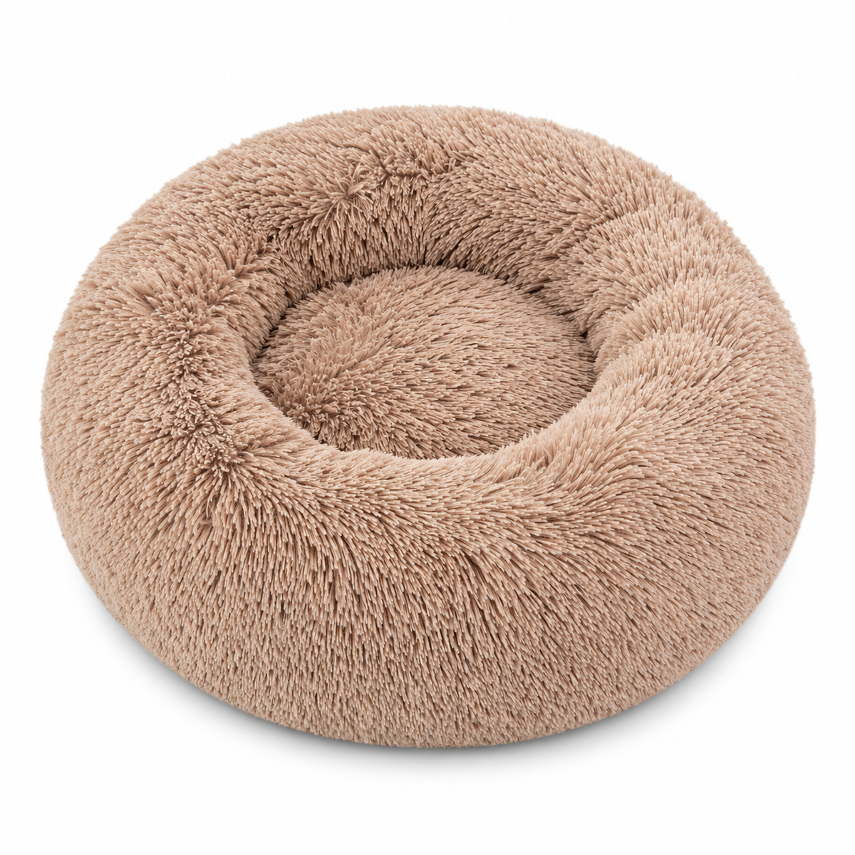 Washable Round Faux Fur Cat Bed with Non-Slip Base – Camel