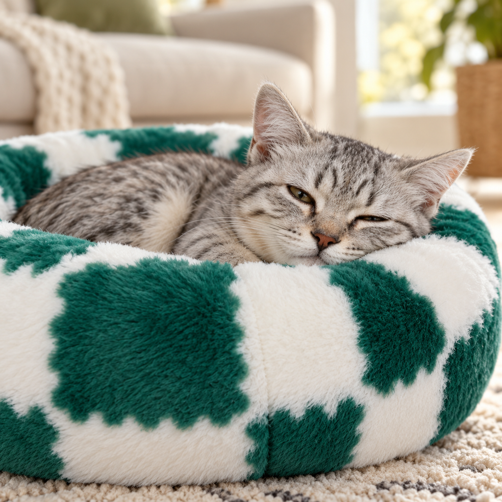 Washable Extra Small Donut Cat Bed with Jacquard Shaggy Plush & Non-Slip Base