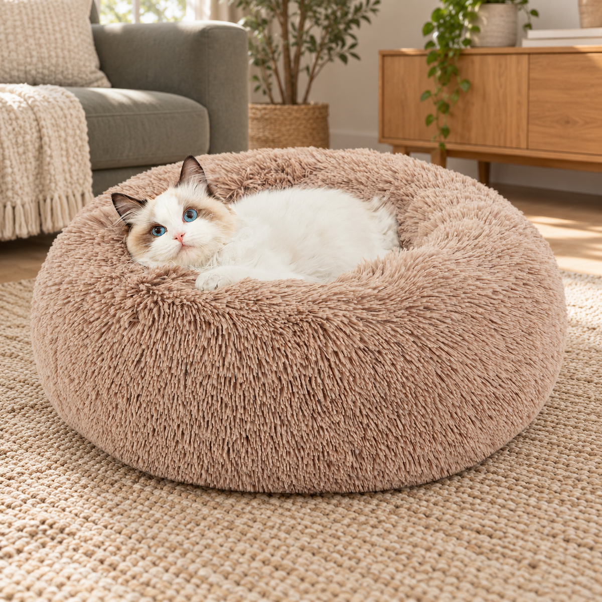 Washable Round Faux Fur Cat Bed with Non-Slip Base – Camel