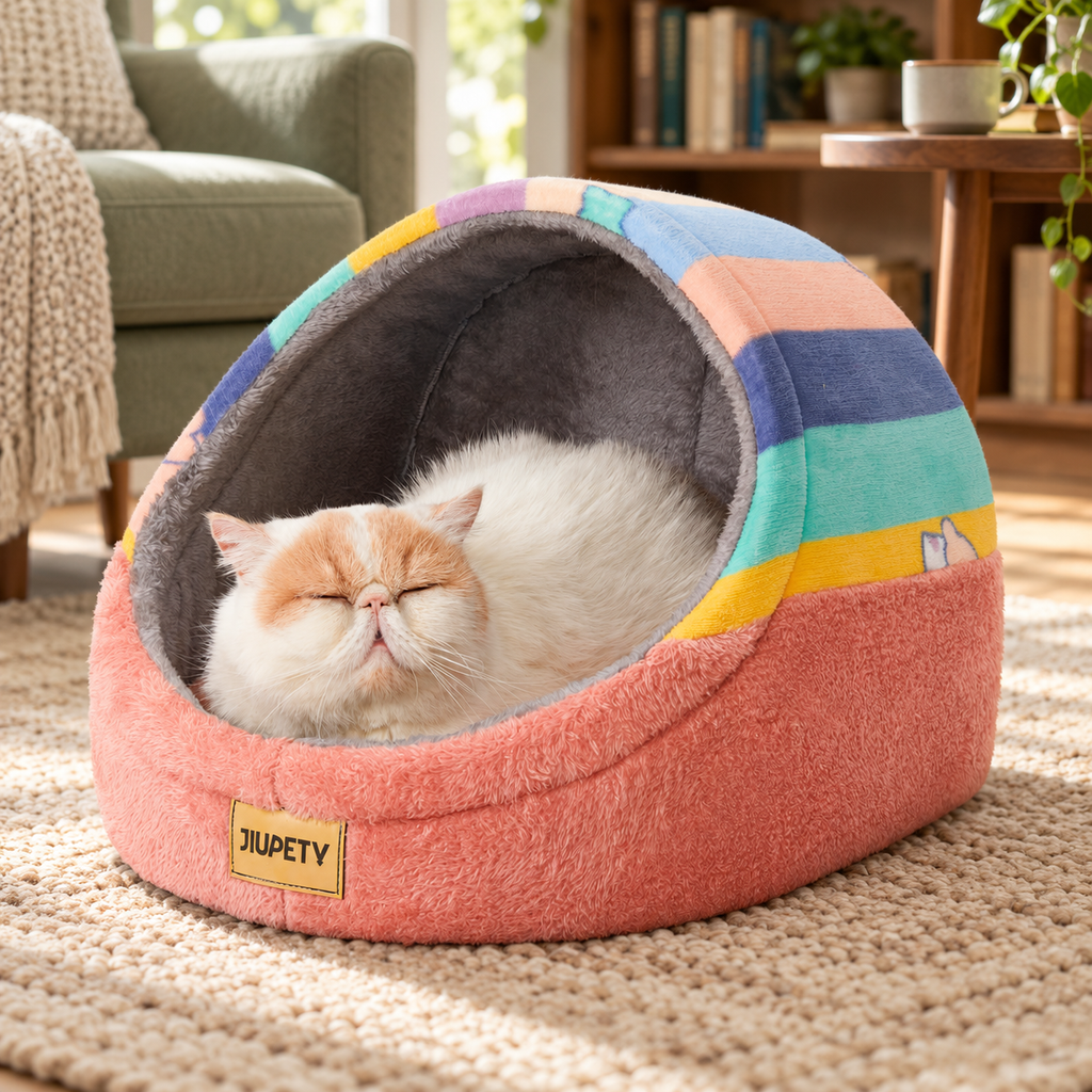 Cat Cave Bed with Removable Washable Cushion & Non-Slip Base – Rainbow