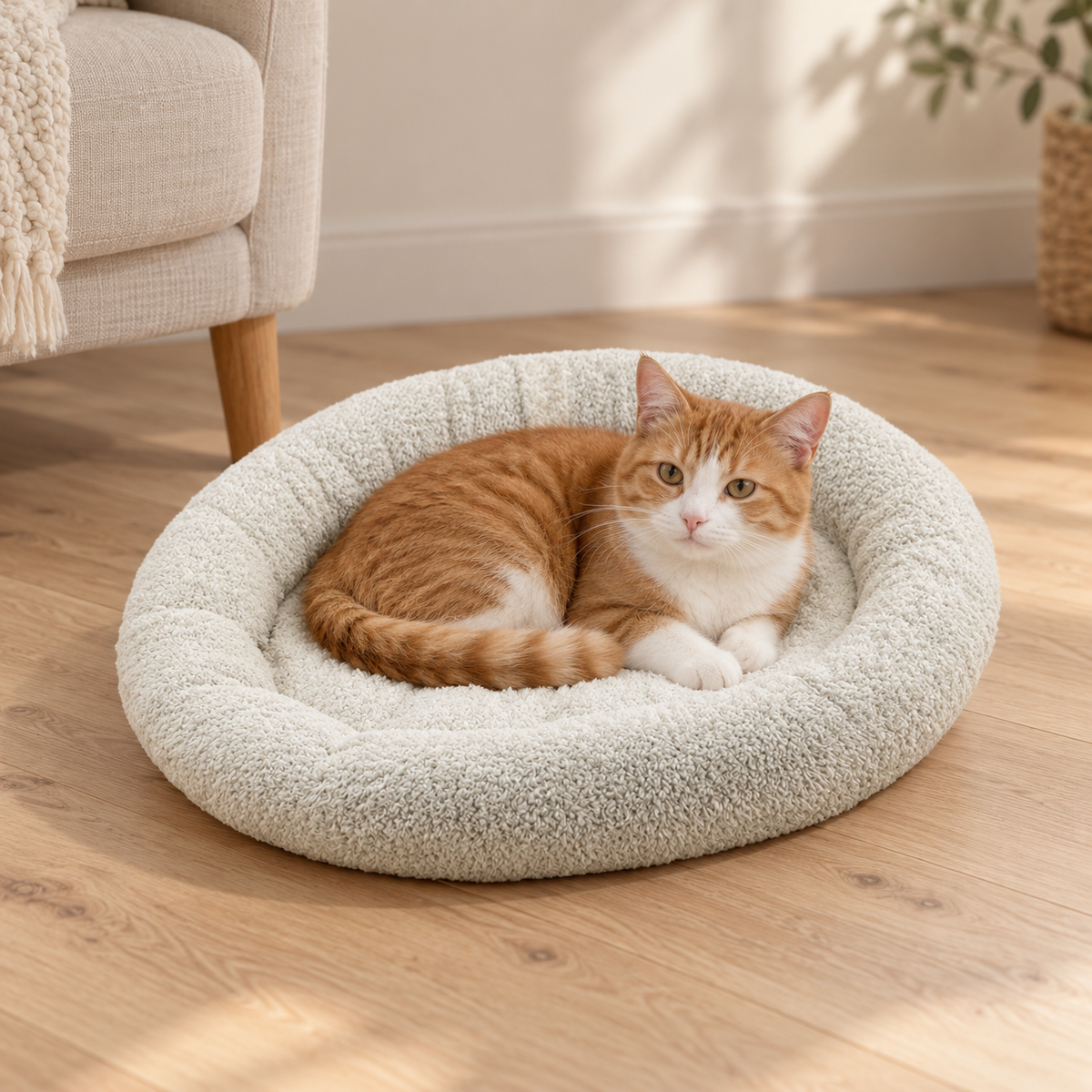 Self-Warming Round Plush Pet Bed for Indoor Cats & Puppies – White