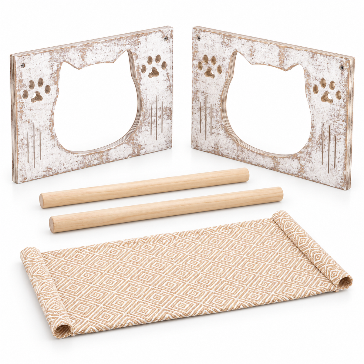 Freestanding Wooden Swinging Cat Hammock with Washable Breathable Fabric – Rustic White & Diamond Pattern