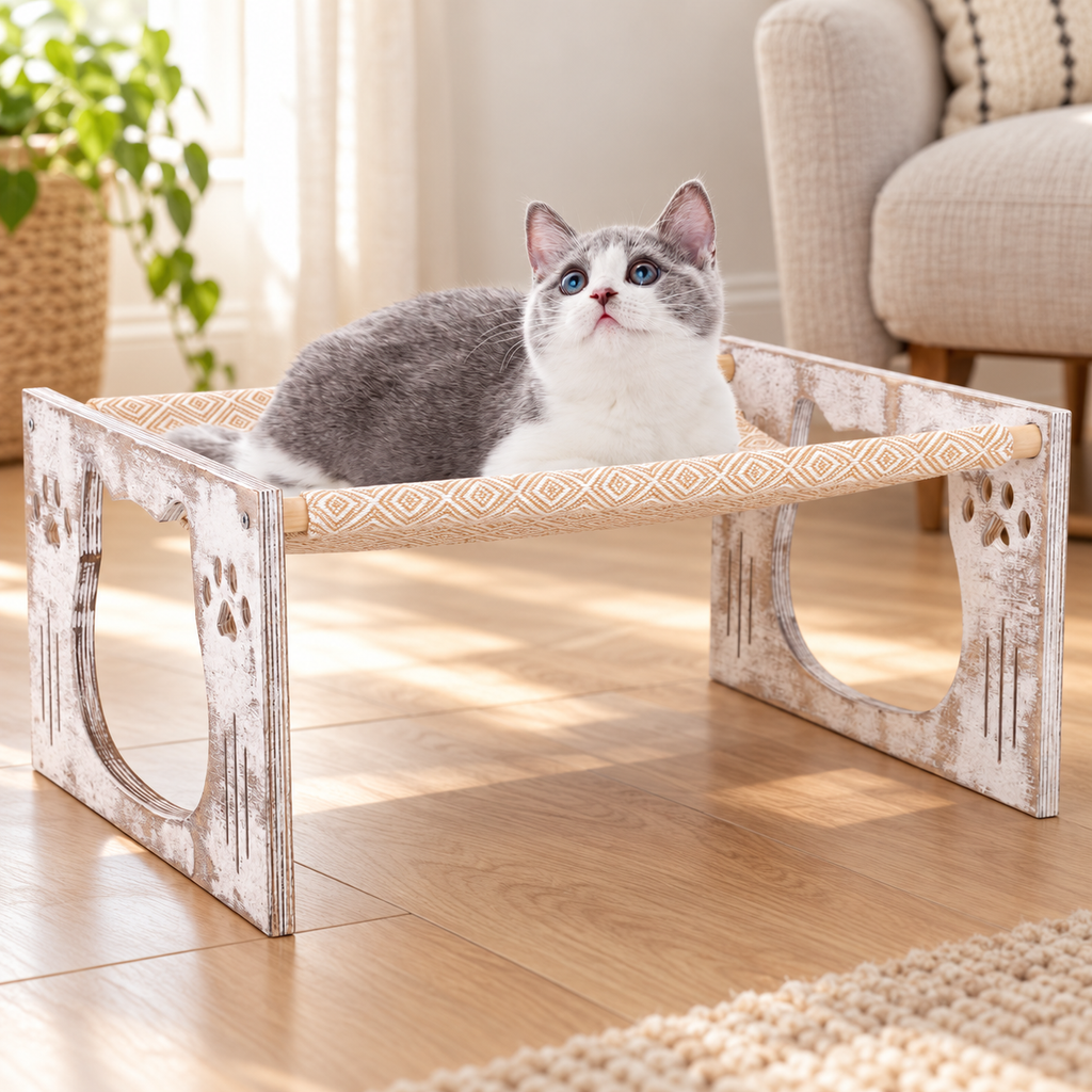 Freestanding Wooden Swinging Cat Hammock with Washable Breathable Fabric – Rustic White & Diamond Pattern