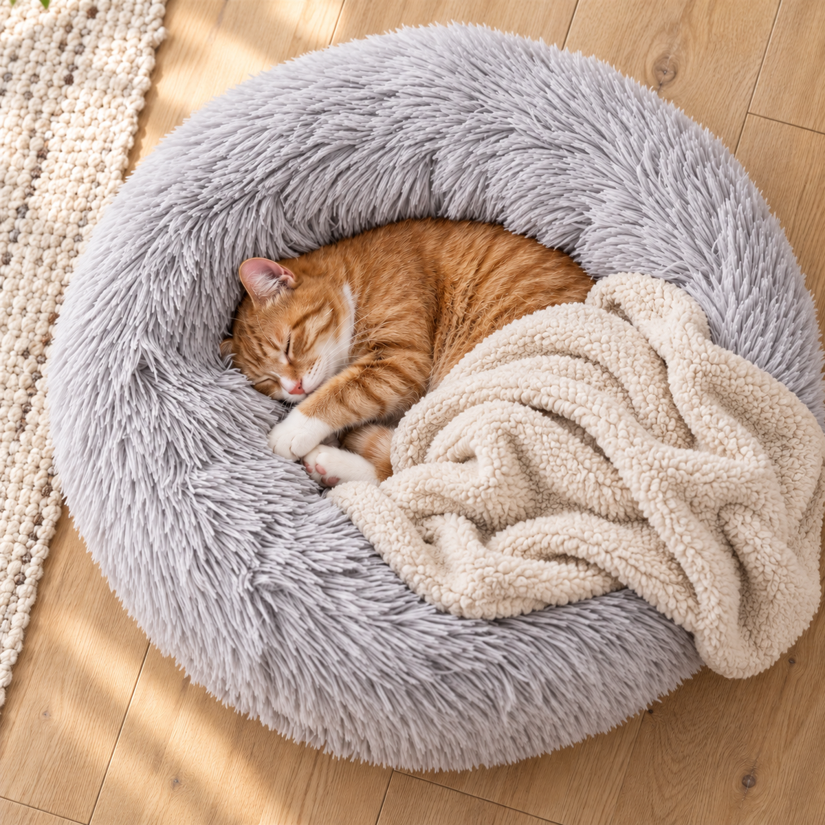 Washable Self-Warming Plush Donut Bed with Waterproof Base for Cats & Small Dogs – Grey