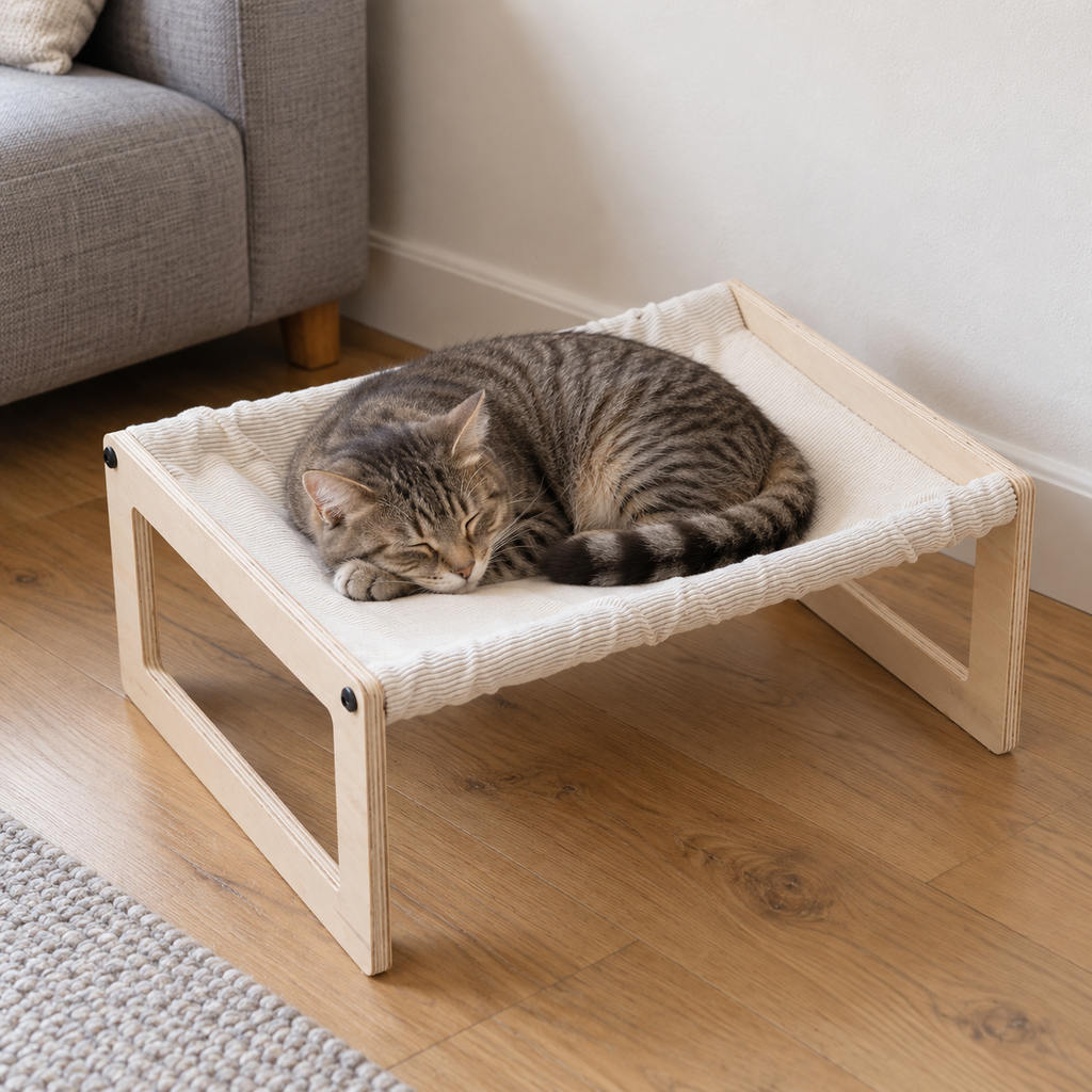 Elevated Wooden Cat Hammock with Breathable Fabric & Detachable Design for Indoor & Outdoor Use