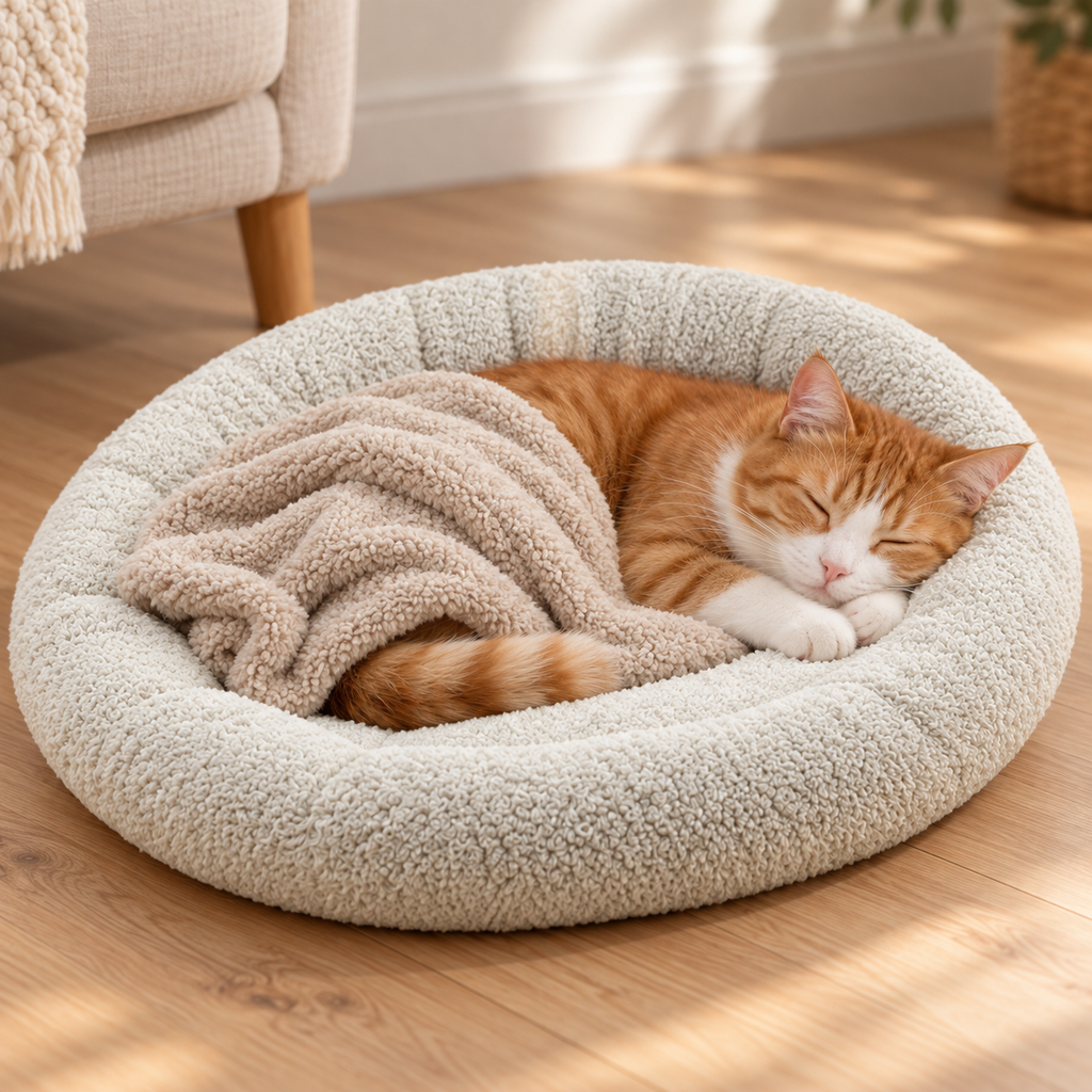 Self-Warming Round Plush Pet Bed for Indoor Cats & Puppies – White