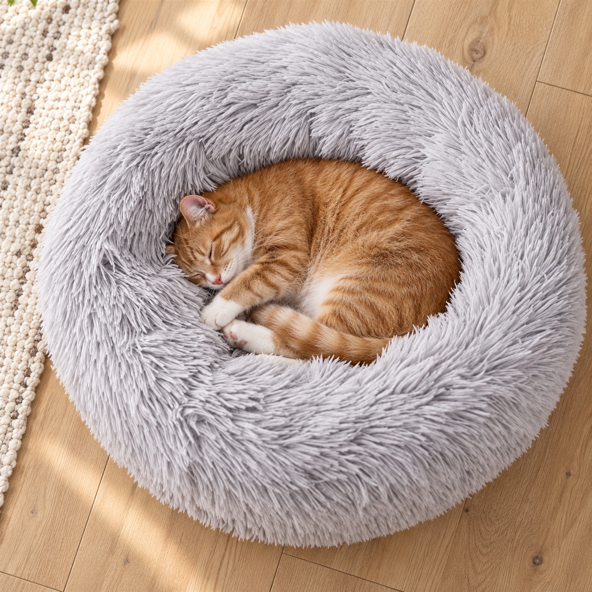 Washable Self-Warming Plush Donut Bed with Waterproof Base for Cats & Small Dogs – Grey