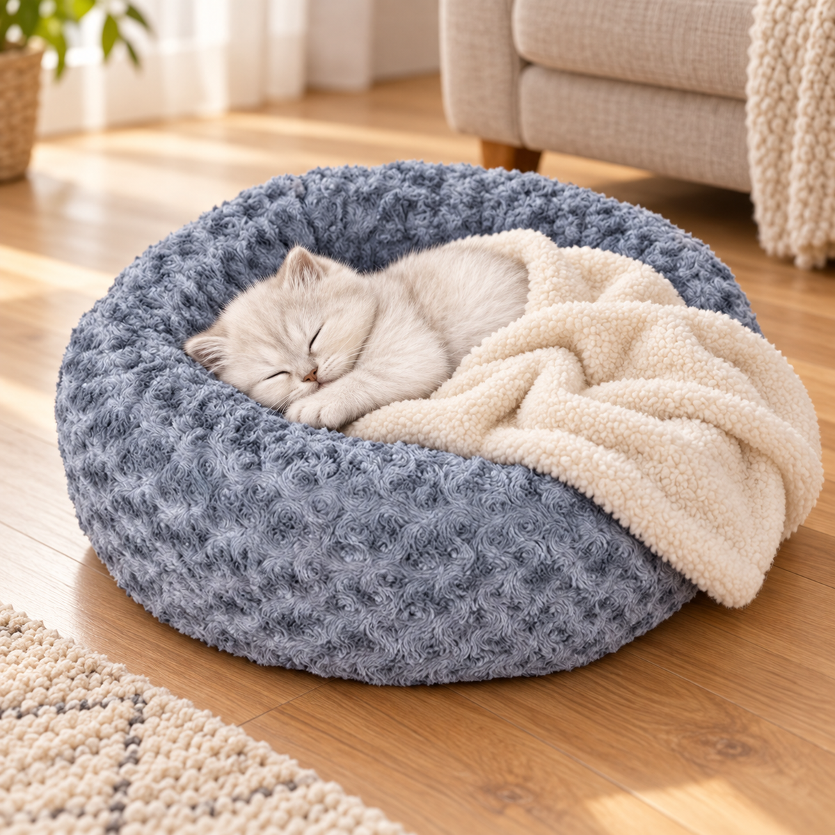 Washable Plush Donut Bed with Non-Slip Base for Cats