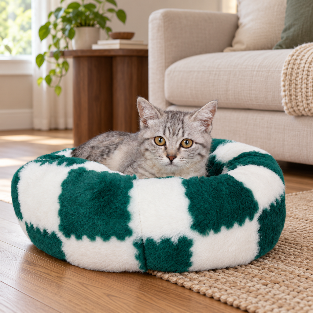 Washable Extra Small Donut Cat Bed with Jacquard Shaggy Plush & Non-Slip Base