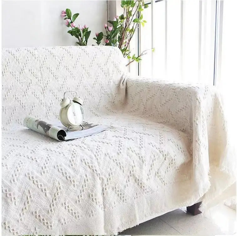 White Grid Washable Cotton-Blend Sofa Throw