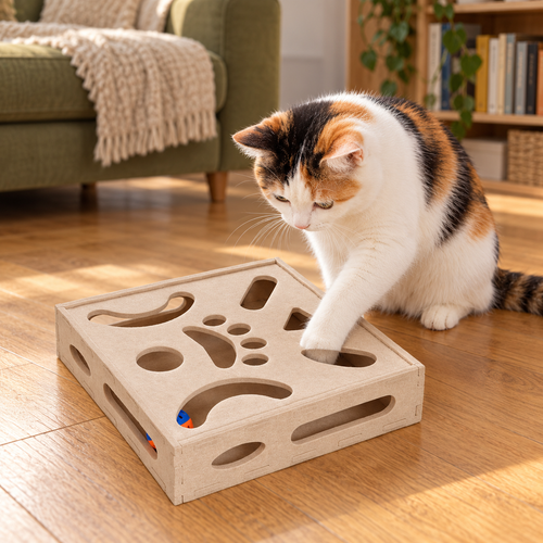 Calico cat reaching into beige puzzle box