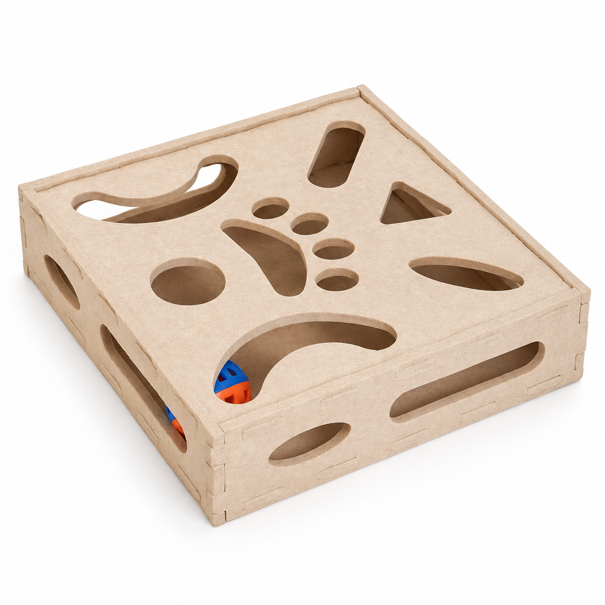 Beige cat puzzle box and ball on white