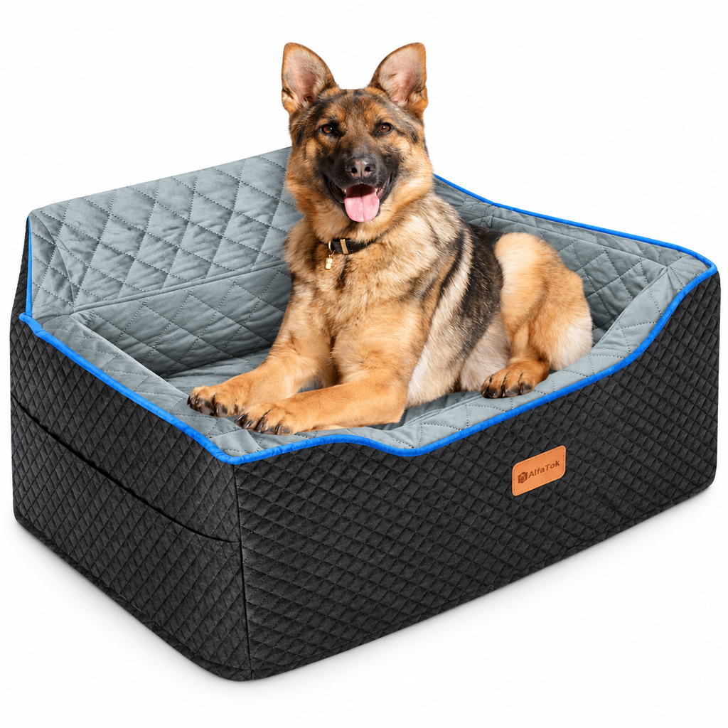 AlfaTok Black dog car bed with grey lining and blue piping – clear product view with dog