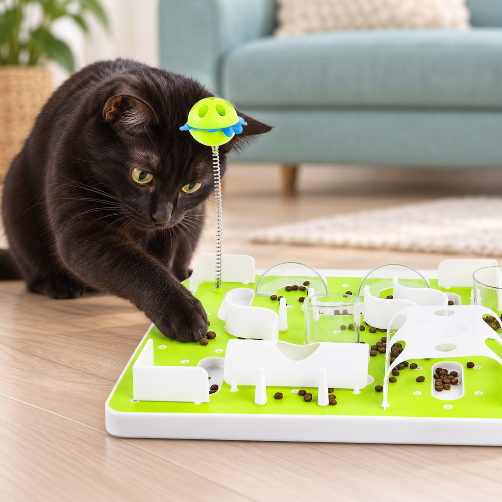 Black cat searching in green treat maze