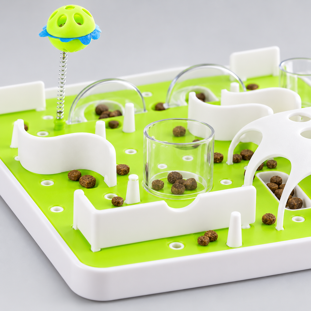 Detail of maze cup and dividers with dry treats
