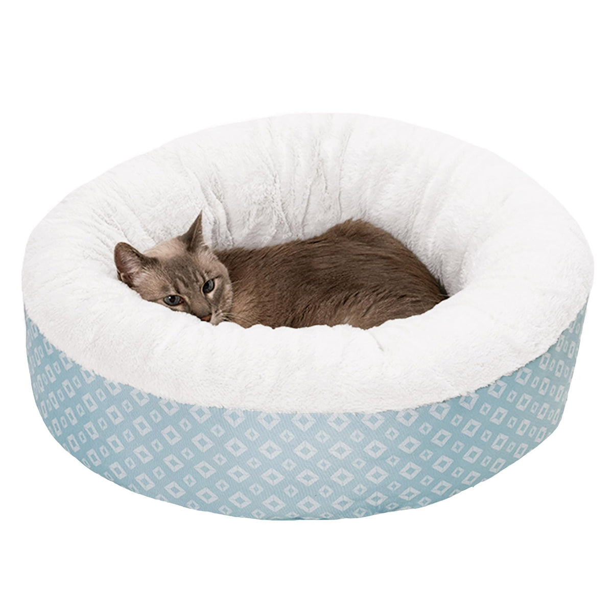 Washable Round Plush Donut Bed with Diamond Print for Cats & Small Dogs – Aqua