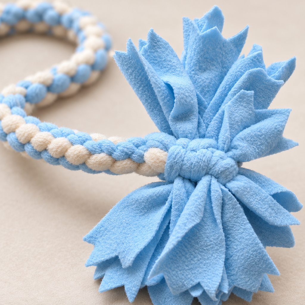 Close-up of the blue and cream fleece braid and soft blue tassel