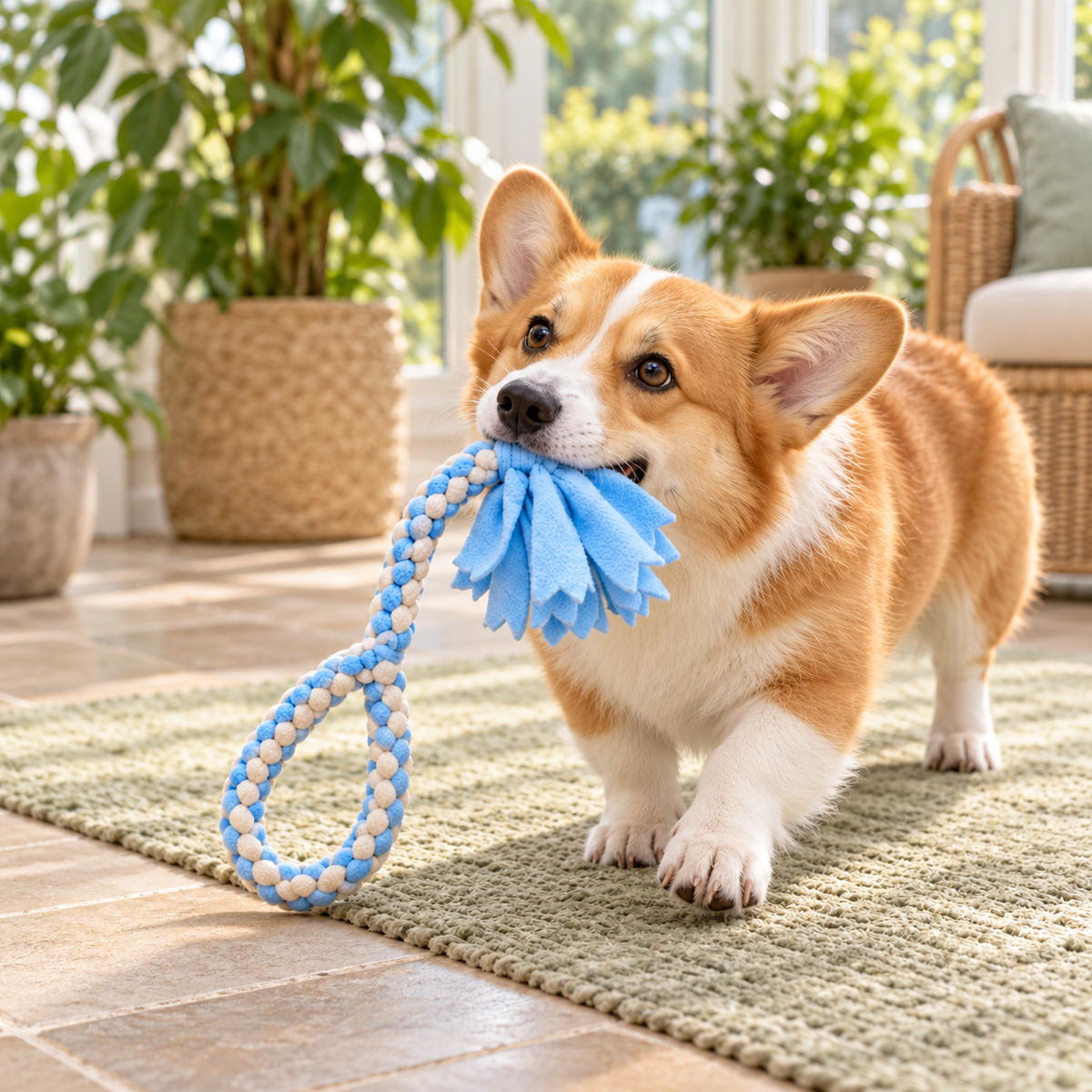 Corgi independently carrying the blue and cream braided fleece loop toy