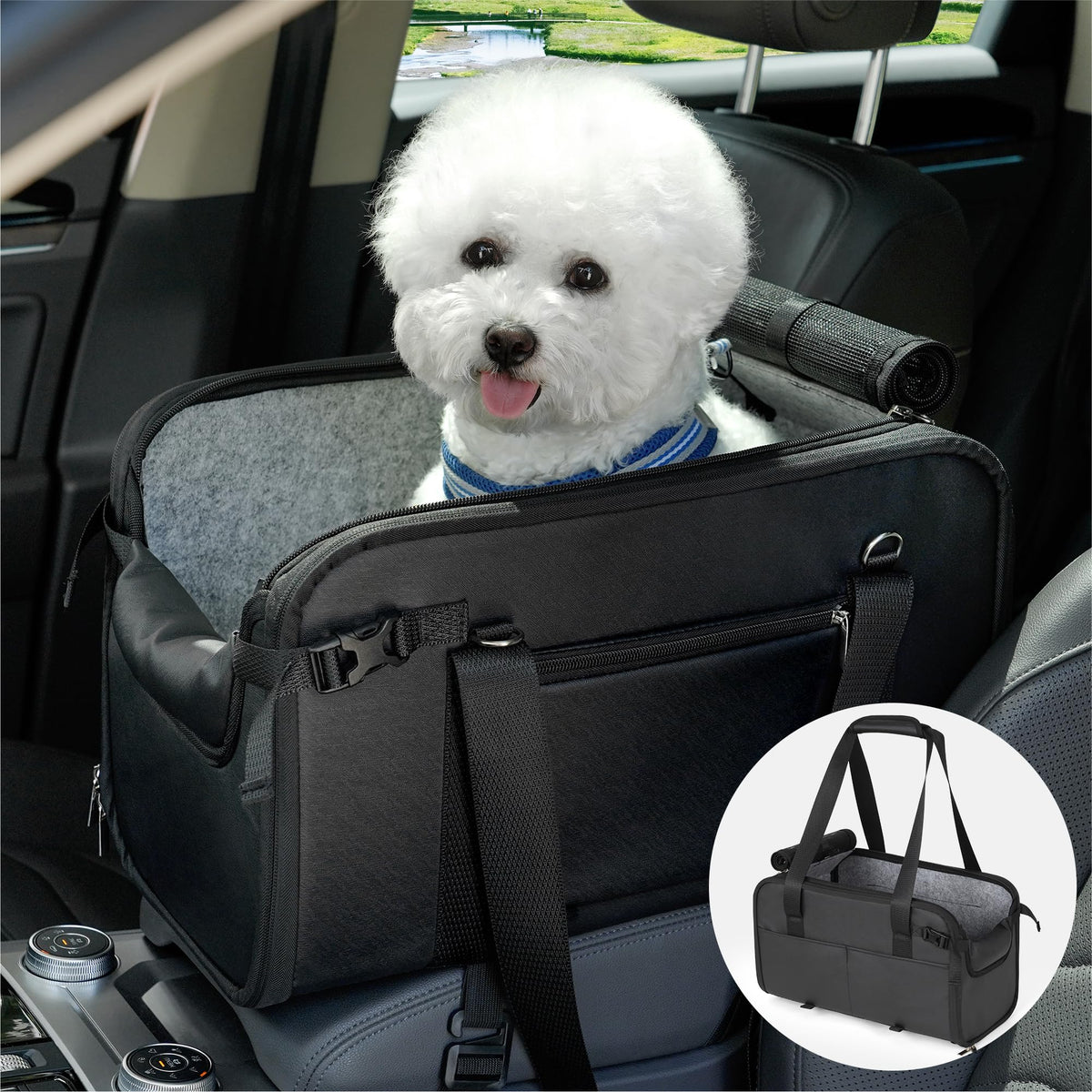 WOYYHO Mesh-Top Console Dog Car Seat – Dark Black, Up to 20 lb