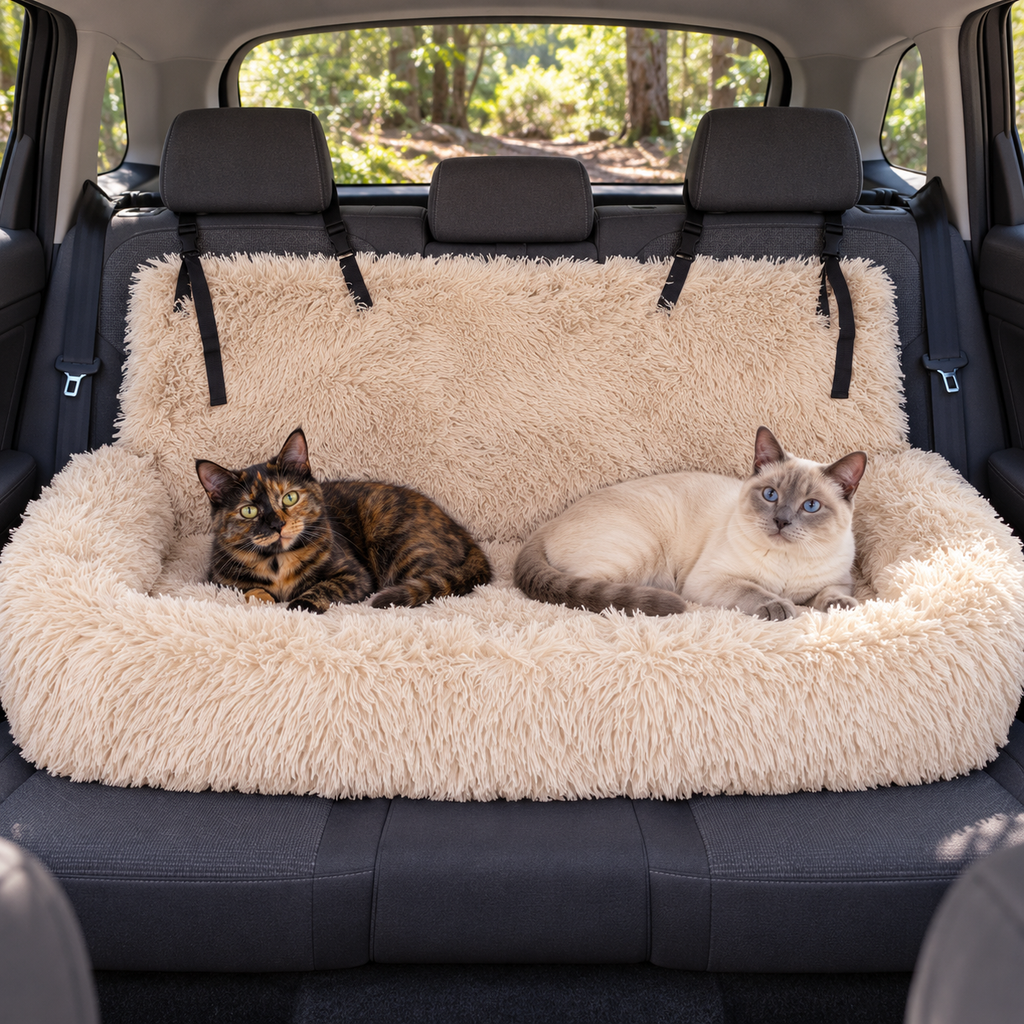 Wide beige shaggy pet car bed with two cats on a rear seat