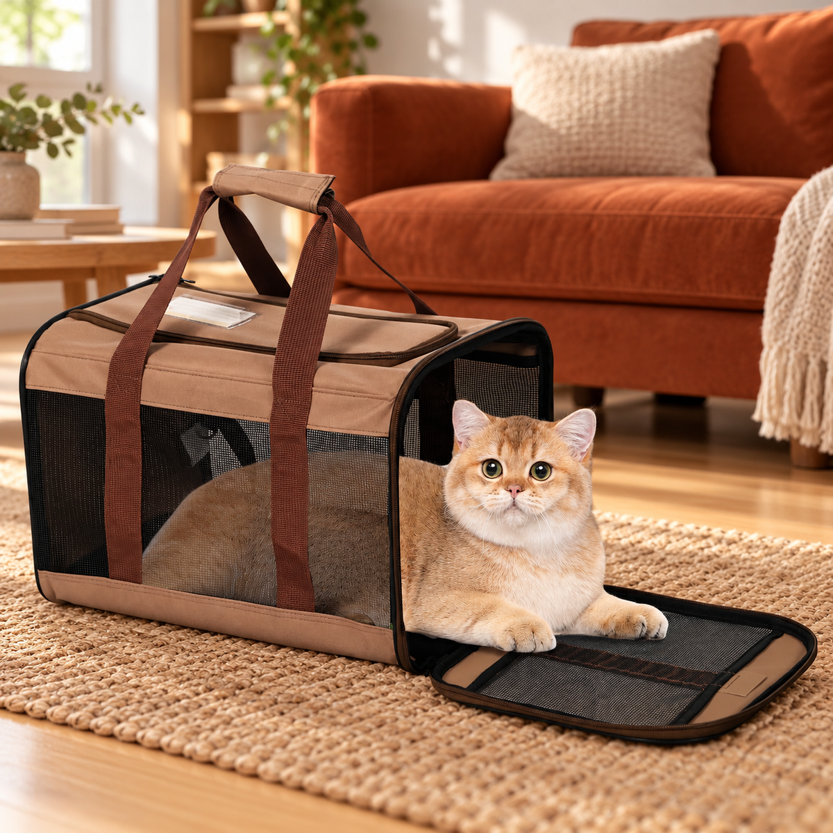 Golden cat resting in the brown Bella & Pal carrier in a living room