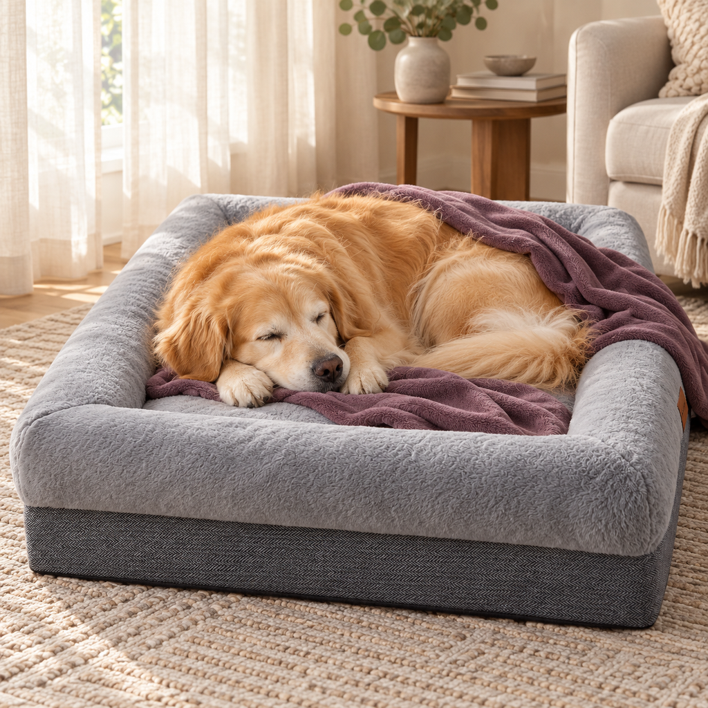 BFPETHOME XL Waterproof Orthopedic Bolster Dog Bed with Removable Washable Cover – dog cuddling with blanket, alternate angle