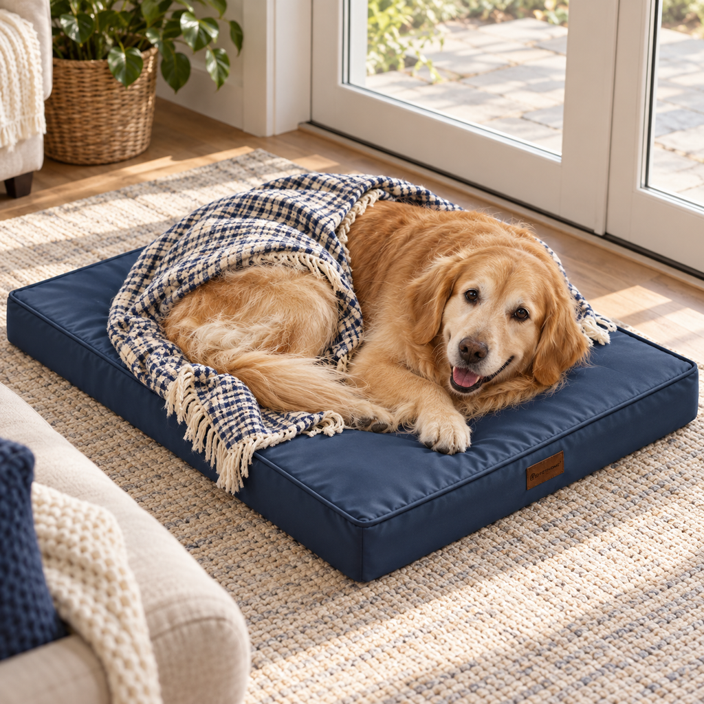 BFPETHOME Waterproof Outdoor Orthopedic Dog Bed with Washable Cover – Navy – dog cuddling with blanket, alternate angle