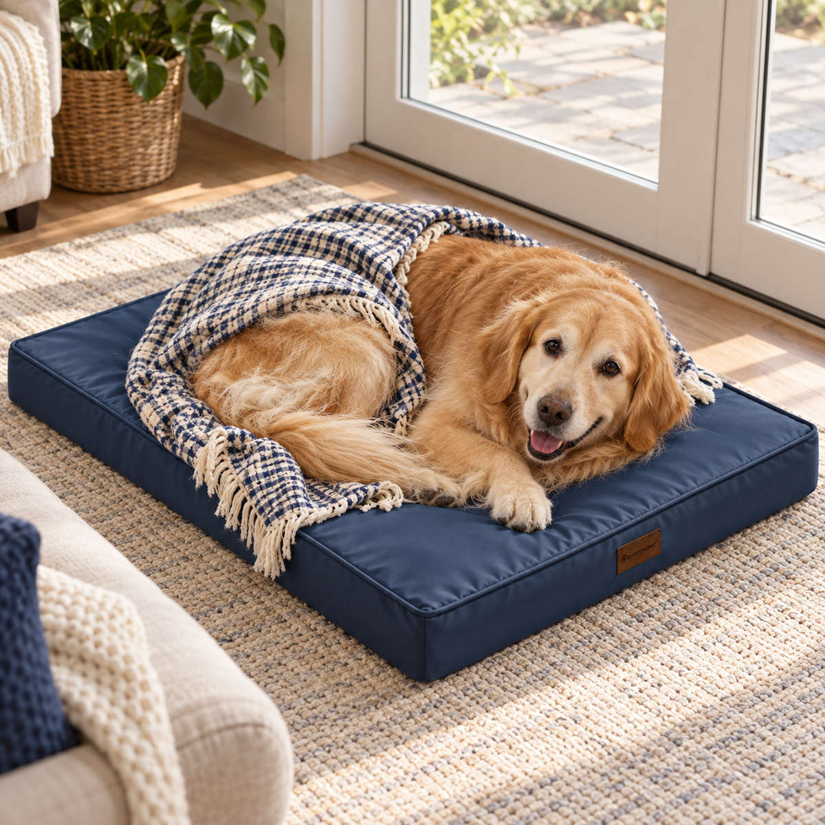 BFPETHOME Waterproof Outdoor Orthopedic Dog Bed with Washable Cover – Navy – dog cuddling with blanket, alternate angle