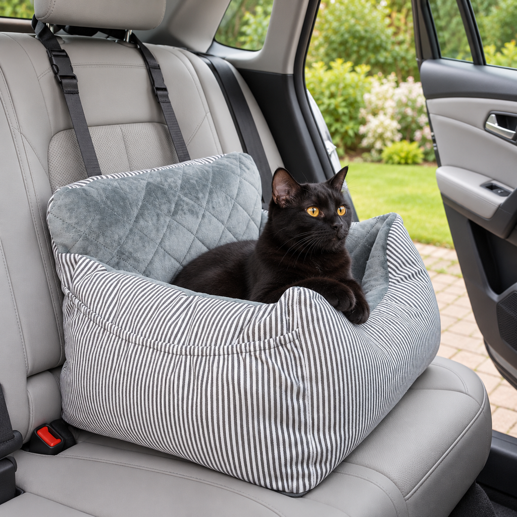 BGBGKK striped pet car seat – with cat in a car
