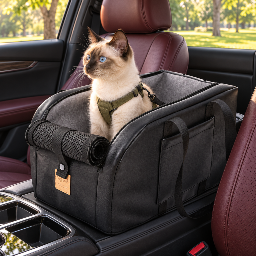 Black console pet seat with a Siamese cat in a parked car