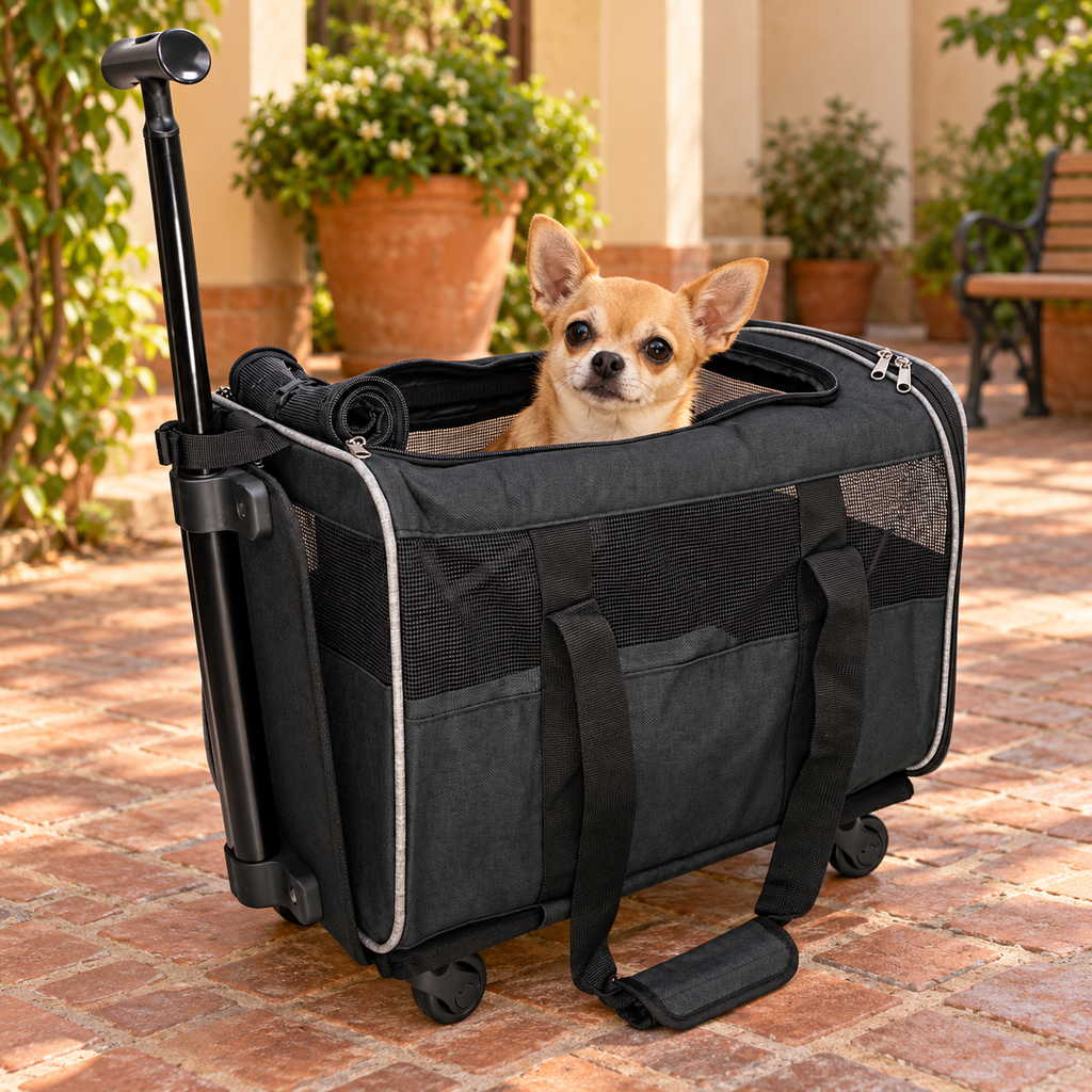 Chihuahua in a black rolling pet carrier in a courtyard